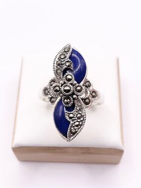 Size 7.5 Lapis Lazuli 925 Sterling Silver Floral with Marcasites Ring FAS signed